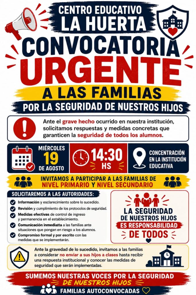 Padres del Colegio La Huerta convocan a reunión urgente por seguridad tras grave hecho Convocatoria urgente de padres del Colegio La Huerta en Tartagal por la seguridad escolar.